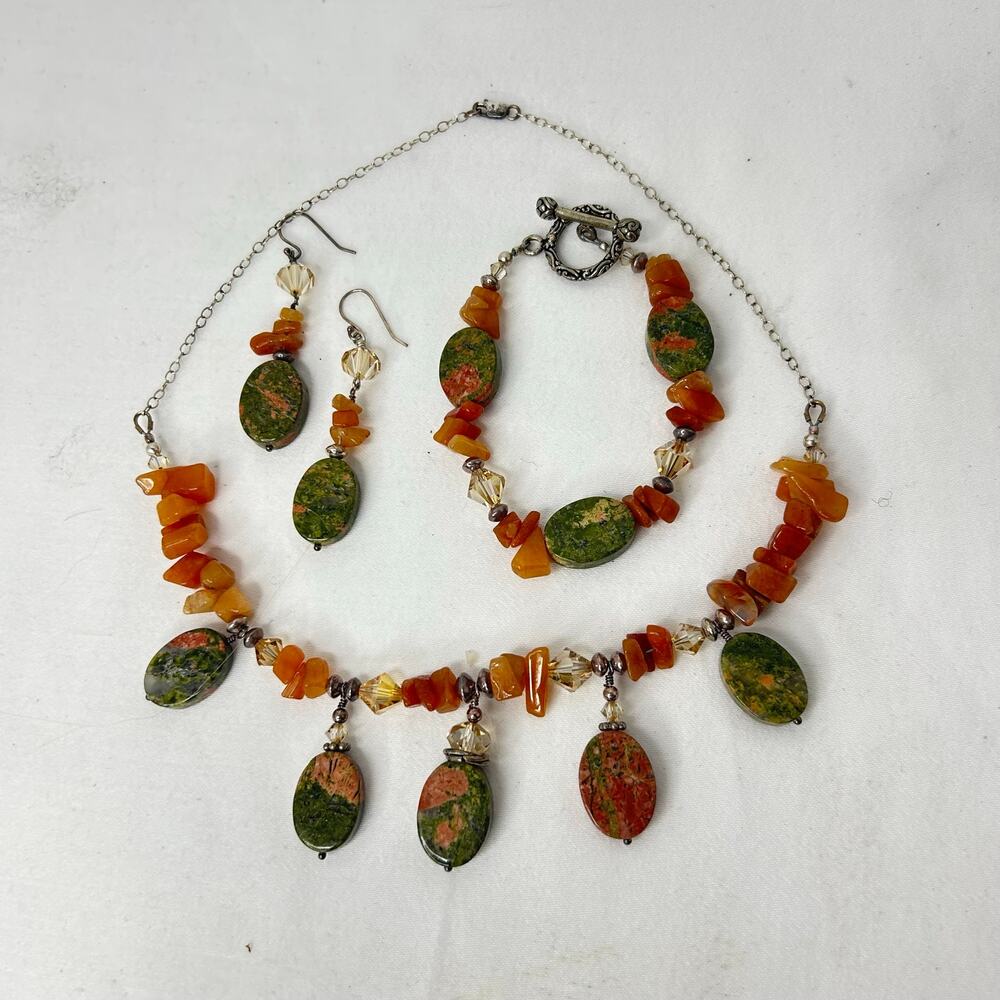 OOAK Handmade Jasper Carnelian Swarovski Crystal Sterling Silver Jewelry Set